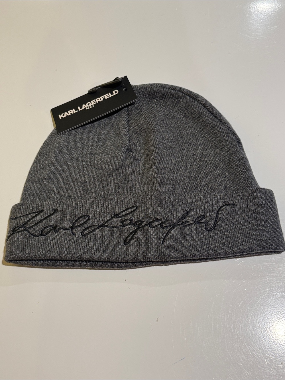Karl Lagerfeld Grey Embroidered Logo Knit Beanie